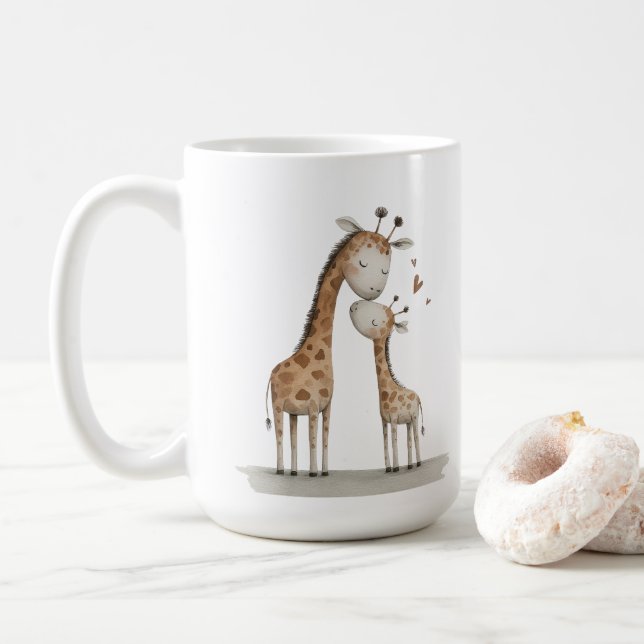 Caneca De Café Ilustração Fofa de Mamãe e Bebê Girafa (Com Donut)