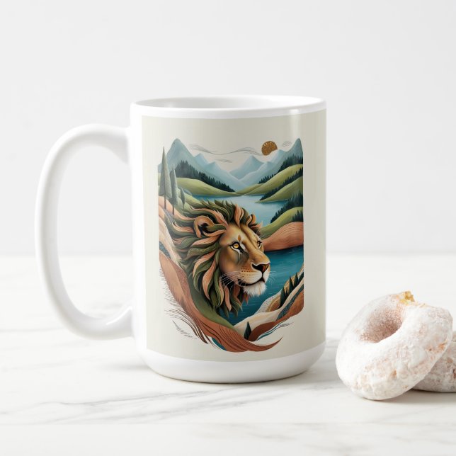Caneca De Café Ilustração Híbrida de Leão Vibrante (Com Donut)