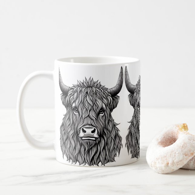 Caneca De Café Ilustração Highland Bull (Com Donut)