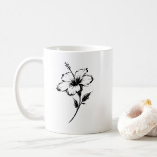 Caneca De Café Ilustração Minimalista de Hibisco com Pinceladas o