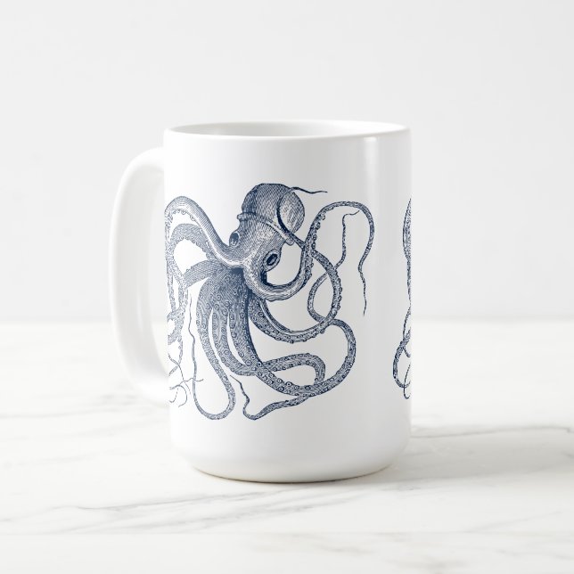 Caneca De Café Ilustração Náutica Octopus Azul Coffee Mug (Frente Esquerda)