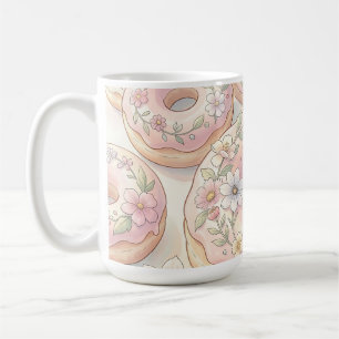 Caneca De Café Ilustração Pastel de Donuts Rosa Floral