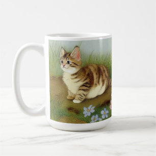 Caneca De Café Ilustração Vintage Kitten com Flores