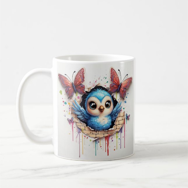 Caneca De Café Ilustração Whimsical De Pássaro Azul E Borboleta (Esquerda)