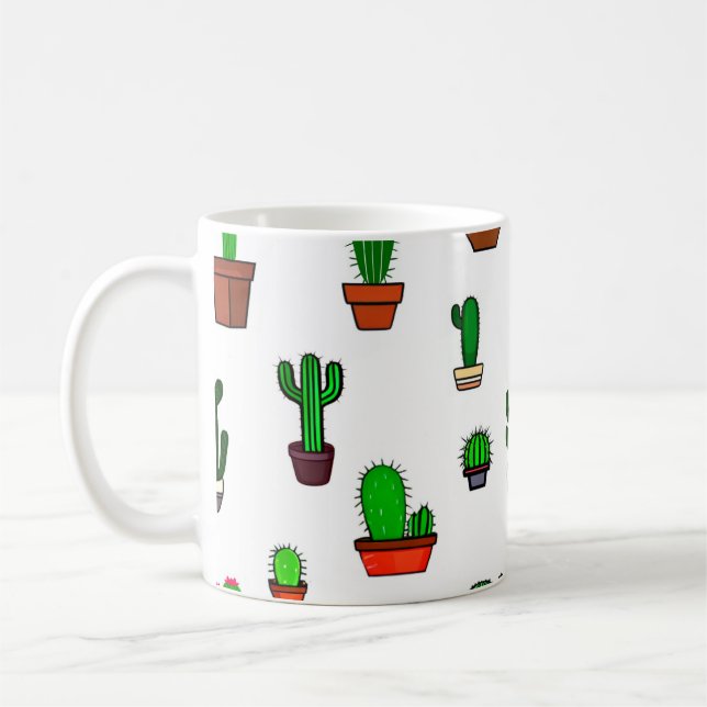 Caneca De Café Ilustrações de Cactus Fofo Padrão Branco (Esquerda)