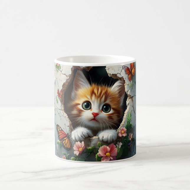 Caneca De Café Imagem 3D de um gatinho fofo espiando (Centro)