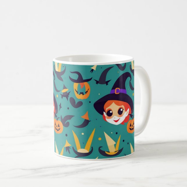 Caneca De Café Imagem de Halloween com rosto de bruxa feliz (Frente Esquerda)