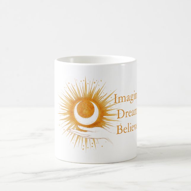 Caneca De Café Imagine Sonhe Acredite Ouro Laranja Sol Mão (Centro)