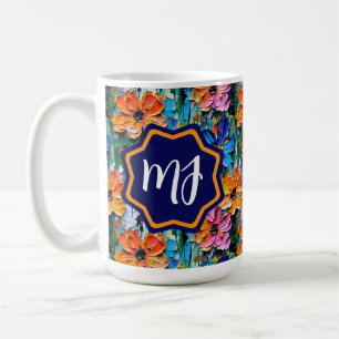 Caneca De Café Impasto Flores de Estilo em um Monograma Colorido