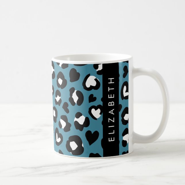 Caneca De Café Impressão Animal, Leopardo Azul, Corações, Seu Nom (Direita)
