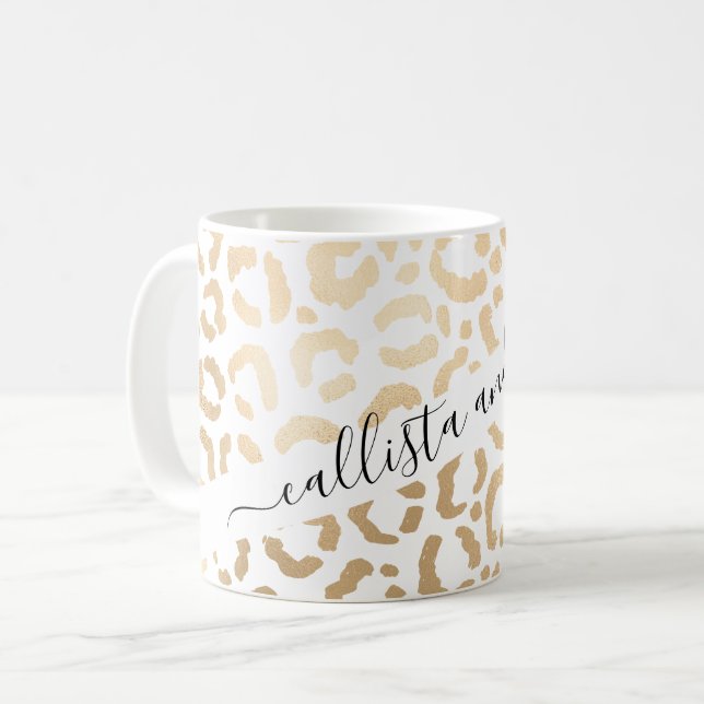 Caneca De Café Impressão Animal Leopardo Branco Dourado Elegante  (Frente Esquerda)