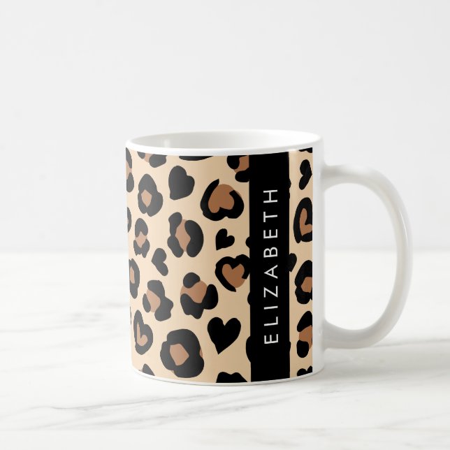 Caneca De Café Impressão Animal, Leopardo Marrom, Corações, Seu N (Direita)
