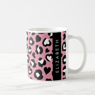 Caneca De Café Impressão Animal, Leopardo Rosa, Corações, Seu Nom