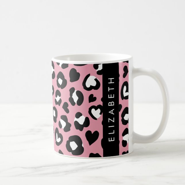 Caneca De Café Impressão Animal, Leopardo Rosa, Corações, Seu Nom (Direita)