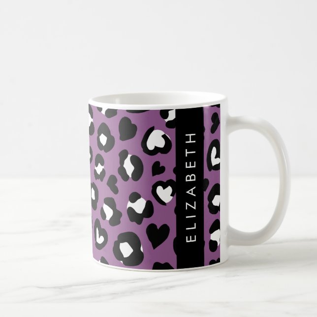 Caneca De Café Impressão Animal, Leopardo Roxo, Corações, Seu Nom (Direita)