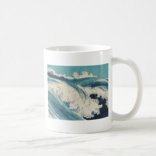 Caneca De Café Impressão Antiga de Ondas do Oceano Azul em Xilogr