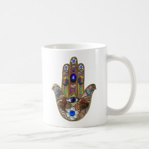 Caneca De Café Impressão de Arte Opala Hamsa Judaica Corações Flo