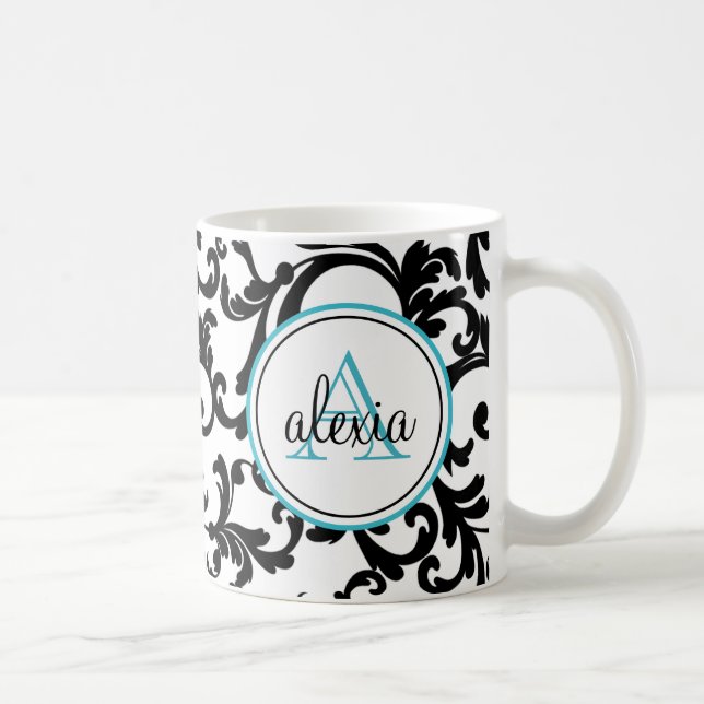 Caneca De Café Impressão de Damasco com Monogramas, preto e turqu (Direita)