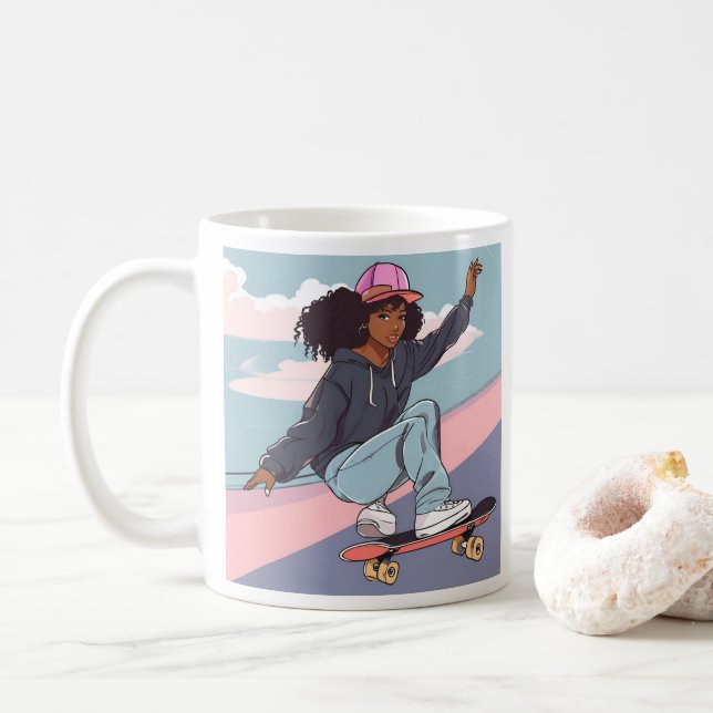 Caneca De Café Impressão de tela estendida de uma garota de skate (Com Donut)