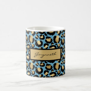 Caneca De Café Impressão Dourada de Leopardo Negro Azul com Seu