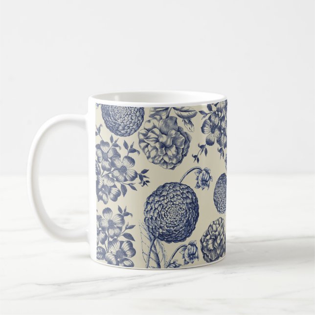 Caneca De Café Impressão Flor Azul Antiquado Floral (Esquerda)