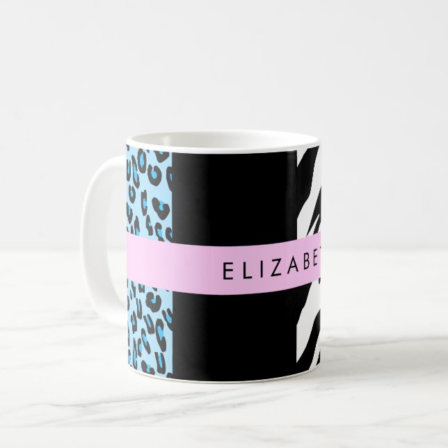 Caneca De Café Impressão Leopardo, Impressão Zebra, Azul, Seu Nom (Frente Esquerda)