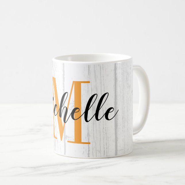 Caneca De Café Impressão rústica de grão de madeira branca monogr (Frente Esquerda)