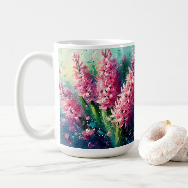 Caneca De Café Impressionante Floral de Hiacintos Rosa (Com Donut)