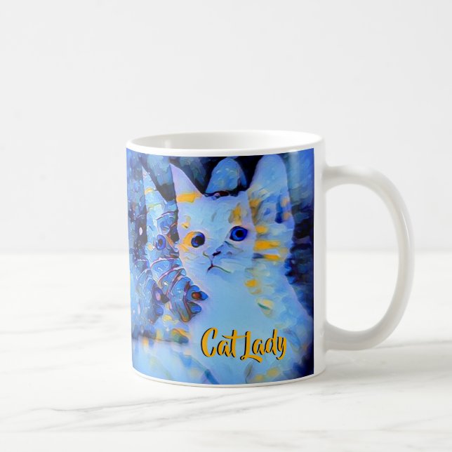 Caneca De Café Impressionista Azul Kitten Art Cat Lady Monograma (Direita)