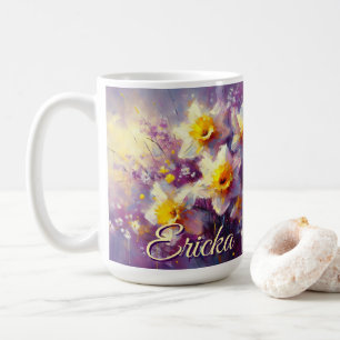 Caneca De Café Impressionista Daffodil Floral Purple Personalizad