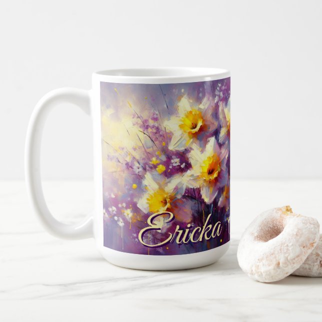 Caneca De Café Impressionista Daffodil Floral Purple Personalizad (Com Donut)