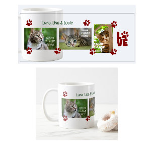 Caneca De Café Impressões de Pata 3 Fotos de Gatos Nomes Moderna 