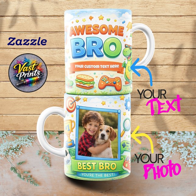 Caneca De Café Incrível Irmão Dinossauro Jogos Colagem de Fotos P (Awesome Bro Dinosaur Gaming Custom Photo Collage Coffee Mug)