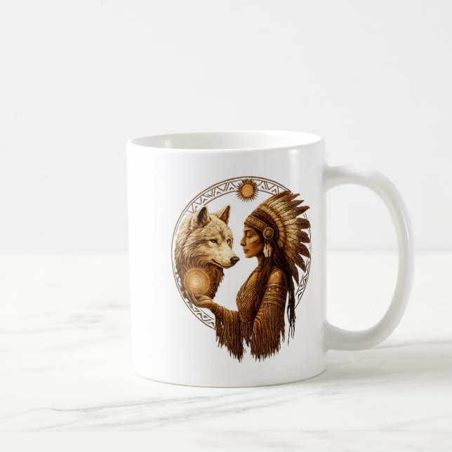 Caneca De Café Indian Native American Woman With White Wolf Vinta (Direita)