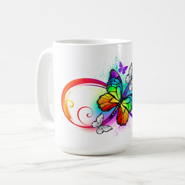 Caneca De Café Infinidade brilhante com borboleta arco-íris (Frente Esquerda)