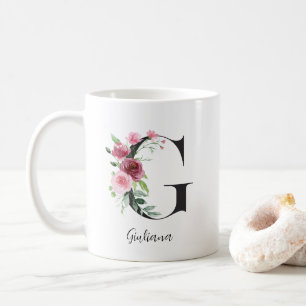 Caneca De Café Iniciais Florais G Rosas Rosa Editável Nome