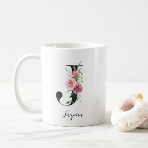 Caneca De Café Iniciais Florais J Rosas Cor-de-Rosa Nome Editável