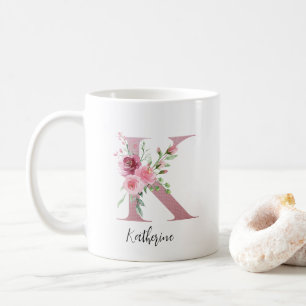Caneca De Café Iniciais Florais K Rosas Cor-de-rosa Editável Nome