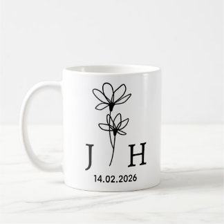 Caneca De Café Iniciais Personalizadas, Data Floral Iniciais do C