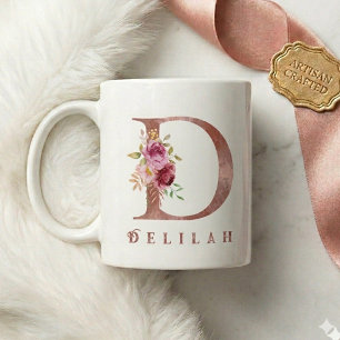 Caneca De Café Inicial D Floral em Ouro Rosa Personalizada