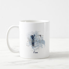 Caneca De Café Inicial da Letra F Personalizada com Aquarela Azul