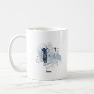 Caneca De Café Inicial da Letra F Personalizada com Aquarela Azul