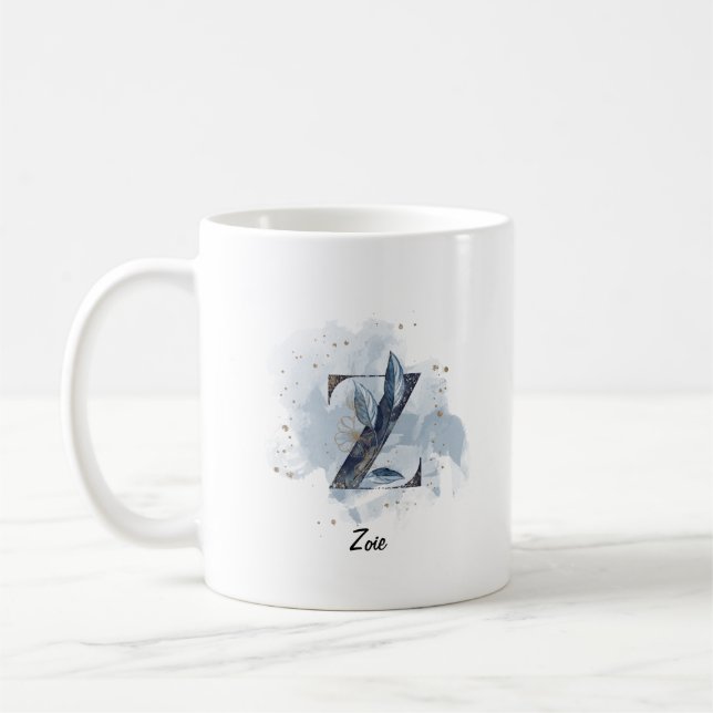 Caneca De Café Inicial de Letra Personalizada com Aquarela Azul Z (Esquerda)