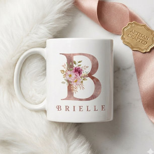 Caneca De Café Inicial Floral B em Ouro Rosa Personalizada