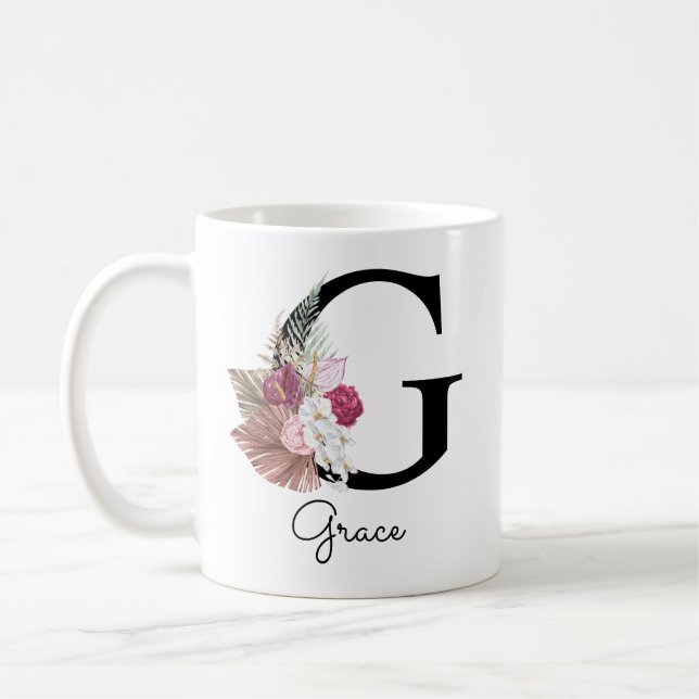 Caneca De Café Inicial Floral Boho Rosa Monogramada G (Esquerda)