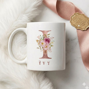 Caneca De Café Inicial Floral Dourado Rosa Personalizada I