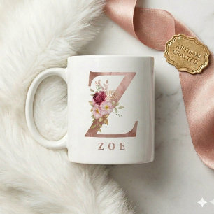 Caneca De Café Inicial Floral Dourado Rosa Personalizada Letra Z