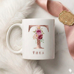 Caneca De Café Inicial Floral Dourado Rosa Personalizada T Monogr