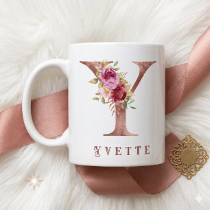 Caneca De Café Inicial Floral Dourado Rosa Personalizada Y Monogr