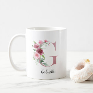 Caneca De Café Inicial Floral G Rosas Bordeaux Nome Editável